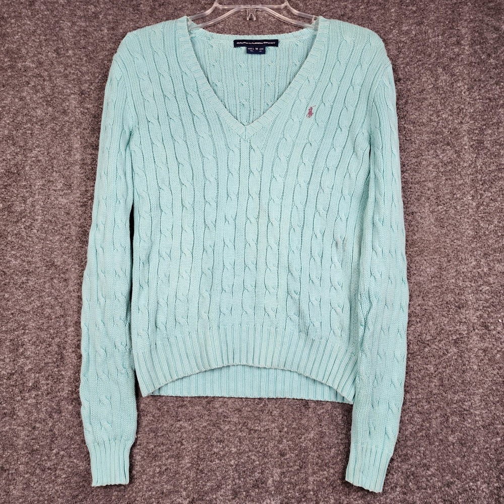 Ralph Lauren Sport Cable Knit Sweater Women M Mint Blue V-Neck Cotton Pony Logo